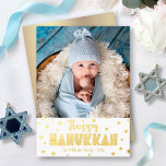 Happy Hanukkah Photo Whimsical Stars Real Gold Foil Holiday Card<br><div class="desc">“Happy Hanukkah.” Fun, playful, whimsical handcrafted real gold foil typography and a random Star of David pattern overlay a clean, white background. Add the photo of your choice and help usher in Hanukkah with this stunning, colourful, personalised real gold foil greeting card. Faux gold metallic ombre is on the back....</div>