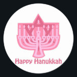 Happy Hanukkah Pink Menorah Classic Round Sticker<br><div class="desc">Customisable Holiday Cards,  Tees and Gifts</div>
