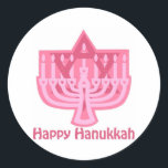 Happy Hanukkah Pink Menorah Classic Round Sticker<br><div class="desc">Customisable Holiday Cards,  Tees and Gifts</div>