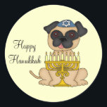 Happy Hanukkah-Pug Dog with Menorah Classic Round Sticker<br><div class="desc">This very cute sticker has a little Pug dog,  wearing a blue yarmulke with a Star of David and a Menorah sitting in front of him. You can customise the text of "Happy Hanukkah" if you wish,  or delete.</div>