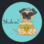 Happy Hanukkah-Pug Dog with Menorah Classic Round Sticker<br><div class="desc">This very cute sticker has a little Pug dog,  wearing a blue yarmulke with a Star of David and a Menorah sitting in front of him. You can customise the text of "Shalom!" if you wish,  or delete.</div>