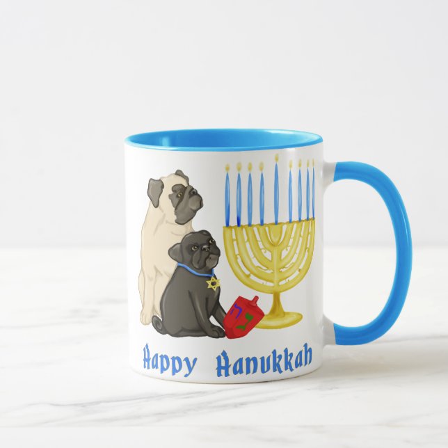 Happy Hanukkah Pugs and Menorah Mugs (Right)