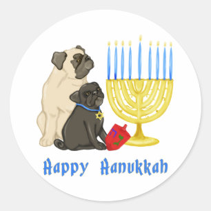 Happy Hanukkah Pugs and Menorah Stickers