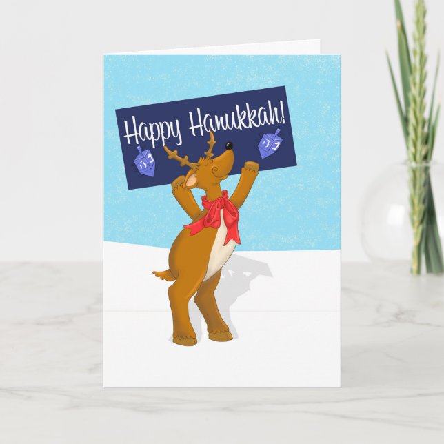 Happy Hanukkah Reindeer with Sign Hanukkah Card (Front)