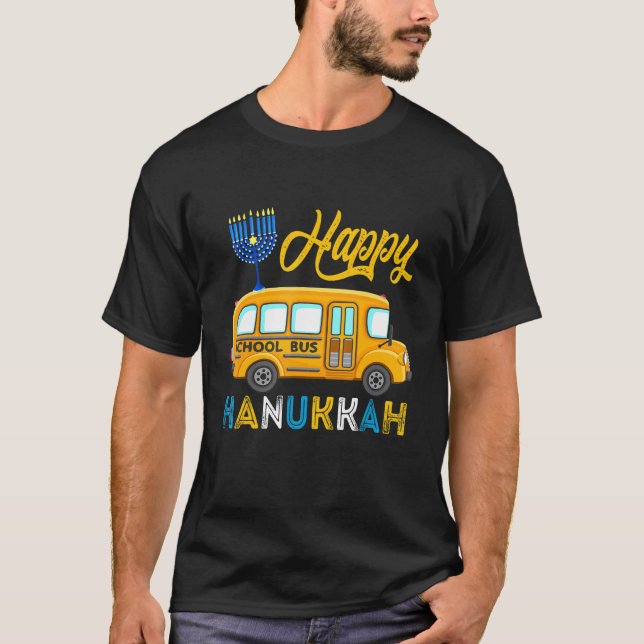 Happy Hanukkah School Bus Carrying Jewish Menorah  T-Shirt (Front)