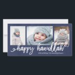 Happy Hanukkah Script 3-Photo Holiday<br><div class="desc">Holiday photocard featuring a 3-photo collage layout with trendy brush-script lettering and a grunge effect to the dark navy background.</div>