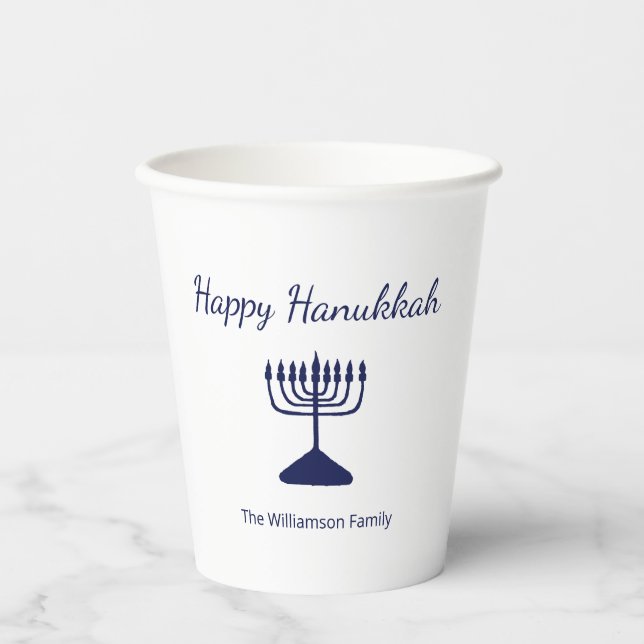 Happy Hanukkah Simple Blue Menorah  Paper Cups (Front)