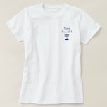 Happy Hanukkah Simple Blue Menorah  T-Shirt<br><div class="desc">Happy Hanukkah T-shirt,  with a simple blue menorah and script typography design. With white customisable lettering,  you can add your own text. A festive addition to your holiday fashion collection.</div>
