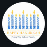 Happy Hanukkah | Simple Elegant Candle Greeting  Classic Round Sticker<br><div class="desc">Happy Hanukkah | Simple Elegant Candle Greeting</div>