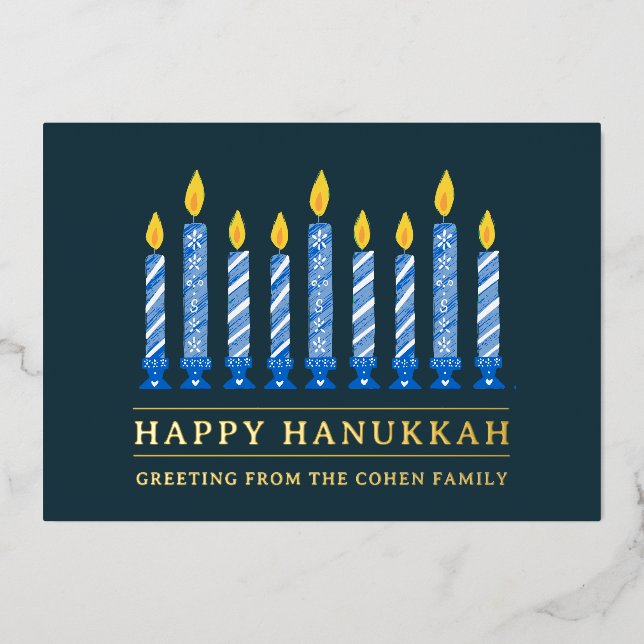 Happy Hanukkah | Simple Elegant Candle Greeting  Foil Holiday Card (Front)