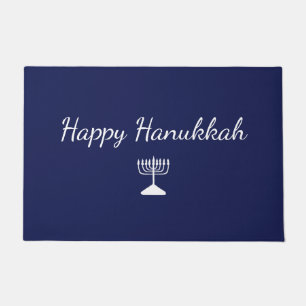 Happy Hanukkah Simple Hand Drawn Menorah Blue Doormat