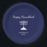 Happy Hanukkah Simple Menorah Blue  Paper Plate<br><div class="desc">Happy Hanukkah Blue Holiday party paper plate,  with a simple white menorah and script typography design. With white customisable lettering,  you can add your own information. A festive way to celebrate with friends and loved ones.</div>