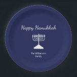 Happy Hanukkah Simple Menorah Blue  Paper Plate<br><div class="desc">Happy Hanukkah Blue Holiday party paper plate,  with a simple white menorah and script typography design. With white customisable lettering,  you can add your own information. A festive way to celebrate with friends and loved ones.</div>