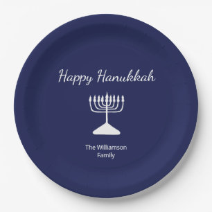 Happy Hanukkah Simple Menorah Blue  Paper Plate
