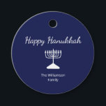 Happy Hanukkah Simple Menorah Blue White Favour Tags<br><div class="desc">Happy Hanukkah Blue Holiday party favour tag,  with a simple white menorah and script typography design. With white customisable lettering,  you can add your own information. A festive way to celebrate with friends and loved ones.</div>