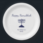 Happy Hanukkah Simple Menorah Blue White Paper Plate<br><div class="desc">Happy Hanukkah Holiday party paper plate,  with a simple blue menorah and script typography design. With blue customisable lettering,  you can add your own text. A festive way to celebrate with friends and loved ones.</div>