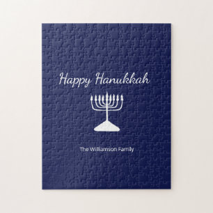 Happy Hanukkah Simple Menorah Navy Blue Jigsaw Puzzle