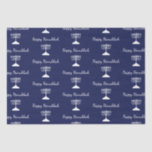 Happy Hanukkah Simple Menorah Pattern Blue  Tissue Paper<br><div class="desc">Happy Hanukkah Blue Holiday tissue paper,  with a simple white menorah pattern and script typography design. With white customisable lettering,  you can add your own information. A festive holiday item to send special gifts and favours this season.</div>