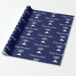 Happy Hanukkah Simple Menorah Pattern Blue  Wrapping Paper<br><div class="desc">Happy Hanukkah Blue Holiday wrapping paper,  with a simple white menorah pattern and script typography design. With white customisable lettering,  you can add your own information. A festive holiday item to send special gifts this season.</div>