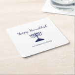 Happy Hanukkah Simple Menorah  Square Paper Coaster<br><div class="desc">Simple Happy Hanukkah Holiday party paper coaster,  with a blue menorah and script typography design. With blue customisable lettering,  you can add your own information. A festive decor item to celebrate with friends and loved ones.</div>