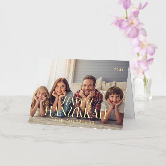 Happy Hanukkah Simple Modern Chic Family Photo Foil Holiday Card (Orchid)
