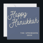 Happy Hanukkah | Simple Retro Typography in Blue Holiday Card<br><div class="desc">Simple Happy Hanukkah greeting written in a fun retro lettering script style on a dark blue background,  personalised with your name.</div>