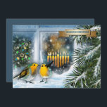 Happy Hanukkah. Snow Scene with Menorah Card<br><div class="desc">Season's Greetings. Happy Hanukkah. Merry Christmas. Happy New Year. Snow Scene with Birds and Menorah Painting Hanukkah / Christmas / New Year customisable Flat Greeting Cards. Matching cards and gifts available in the Jewish Holidays / Hanukkah Category of our store.</div>