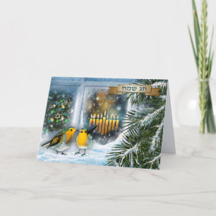 Happy Hanukkah. Snow Window Scene with Menorah Holiday Card