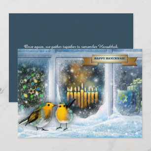 Happy Hanukkah. Snow Window Scene with Menorah Holiday Card