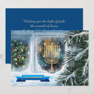 Happy Hanukkah. Snow Window Scene with Menorah Holiday Card