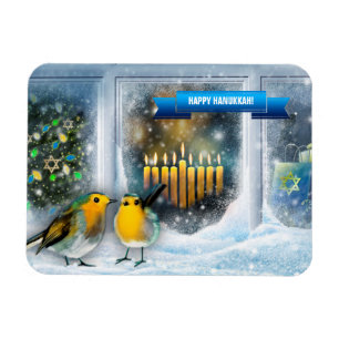 Happy Hanukkah. Snow Window Scene with Menorah Magnet