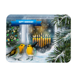 Happy Hanukkah. Snow Window Scene with Menorah Magnet