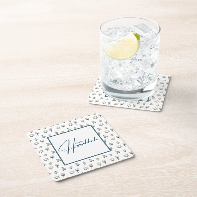 Happy Hanukkah Square Paper Coaster (Insitu)