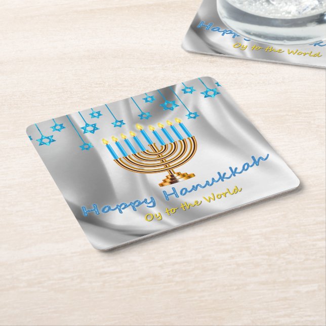 Happy Hanukkah Square Paper Coaster (Angled)