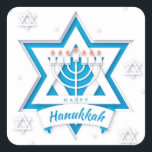 Happy Hanukkah Square Sticker<br><div class="desc">Happy Hanukkah with Menorah and The Star of David Square Sticker The eight-day Jewish celebration known as Hanukkah or Chanukah commemorates the rededication during the second century B.C. of the Second Temple in Jerusalem, where according to legend Jews had risen up against their Greek-Syrian oppressors in the Maccabean Revolt. Hanukkah,...</div>
