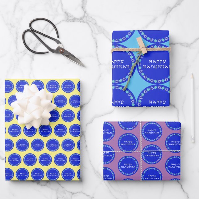 Happy Hanukkah Star Circle Wrapping Paper Sheet (Front)