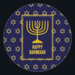 HAPPY HANUKKAH Star David BLUE Classic Round Sticker<br><div class="desc">Stylish festive HANUKKAH stickers with faux gold Star of David as a background pattern.  Part of the FESTIVE STARS Collection by Berean Designs.</div>