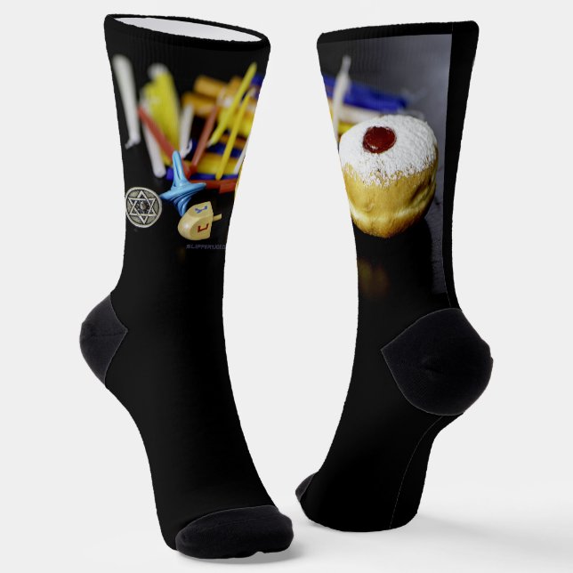 Happy Hanukkah Star of David menorah Dreidel Slipp Socks (Angled)