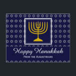 HAPPY HANUKKAH Star of David Menorah Personalised Holiday Postcard<br><div class="desc">Stylish greeting postcard to celebrate HANUKKAH. Dark blue background with silver Star of David and white typography. Placeholder text on front and reverse greeting are customisable,  so you can add your name and change the message. Part of the FESTIVE STARS Collection by Berean Designs.</div>