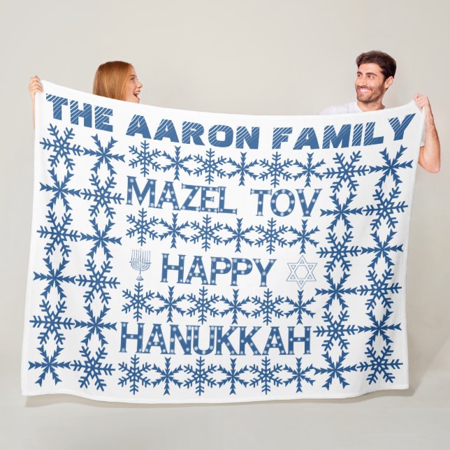 Happy Hanukkah Star of David Menorah Snowflakes Fleece Blanket (In Situ)