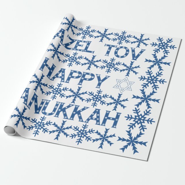 Happy Hanukkah Star of David Menorah Snowflakes Wrapping Paper (Unrolled)