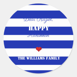 Happy Hanukkah Striped Pattern Blue and White Classic Round Sticker