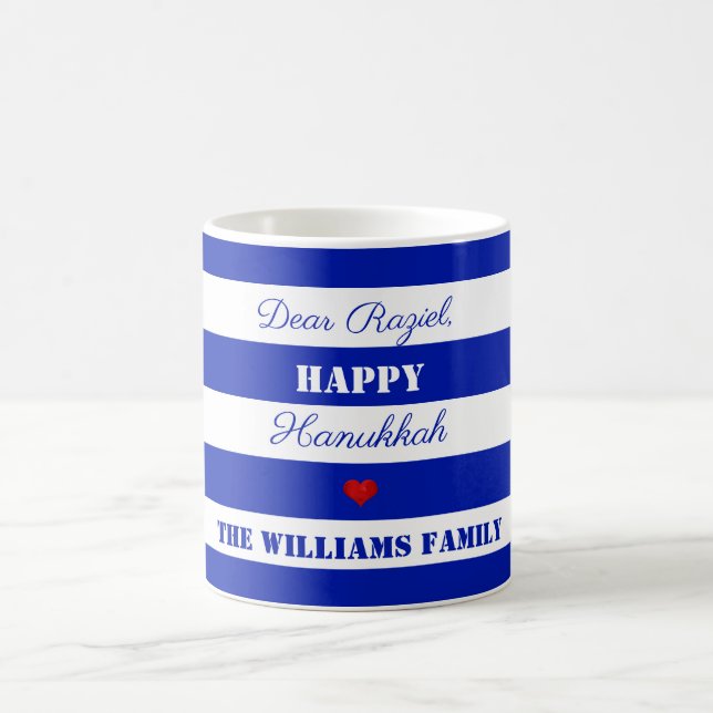 Happy Hanukkah Striped Pattern Blue and White Coffee Mug (Center)