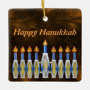Happy Hanukkah Stylised Menorah Nebulous Sky Ceramic Ornament