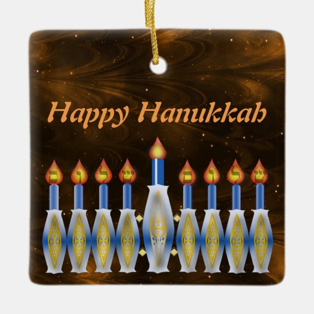 Happy Hanukkah Stylised Menorah Nebulous Sky Ceramic Ornament (Front)
