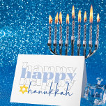Happy Hanukkah Stylish Holiday Card<br><div class="desc">This Hanukkah greeting card features a playful and modern design that is sure to bring joy to its recipients. The front of the card prominently displays the phrase “happy happy happy” in a chunky lowercase font. The centre “happy” is light blue, while the upper and lower “happy” text is white,...</div>