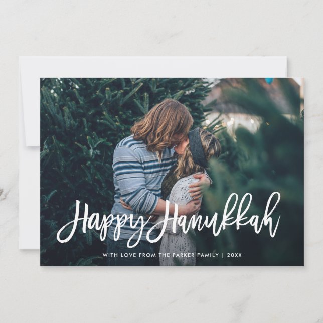 Happy Hanukkah Stylish Script and Pattern | Photo Holiday Card (Front)