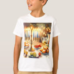 Happy Hanukkah T-Shirt<br><div class="desc">Hanukkah watercolor illustration. A beautifully arranged table set for a festive celebration,  featuring a traditional menorah with lit candles. Soft,  warm light,  while holiday decorations add a touch of cheer. Warm lights creating a cosy,  inviting atmosphere.</div>