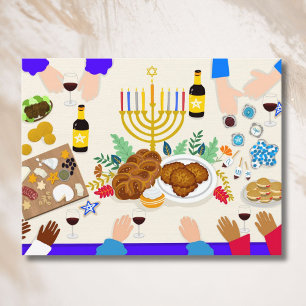 Happy Hanukkah Table with Menorah, Food & Family Postcard