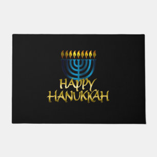 Happy Hanukkah Teal Gold Black Menorah Door Mat
